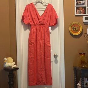 Boden Coral Midi Dress with V-Neck and Dolman Sleeves